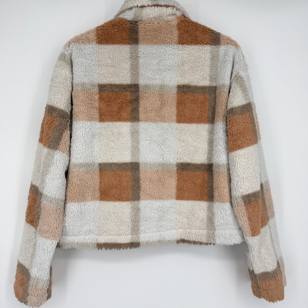 Cato Plaid Fuzzy Teddy Shacket Jacket Size S Orange Brown Cream - Picture 5 of 7